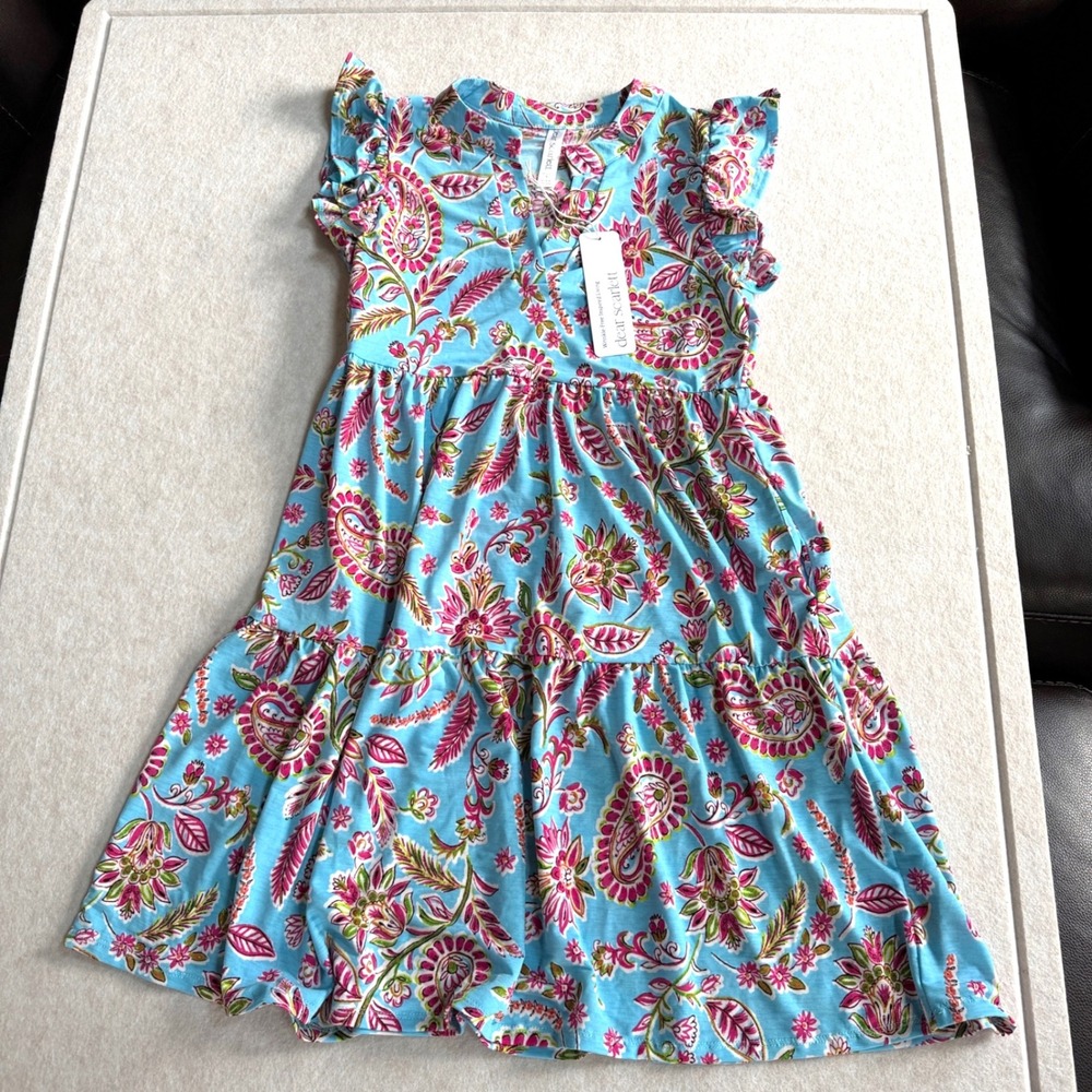 Dear Scarlett Lizzy Forever Flutter Sleeve Dress Small Blue/Pink Paisley NWT - Picture 2 of 8
